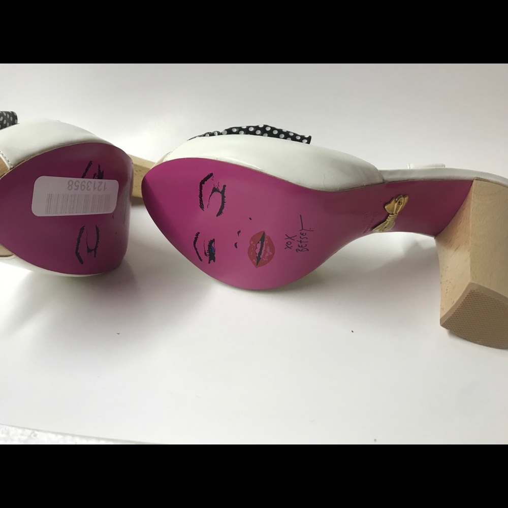 Betsey Johnson peep toe retro bow heels wooden shoes vintage pinup housewife - Picture 5 of 6